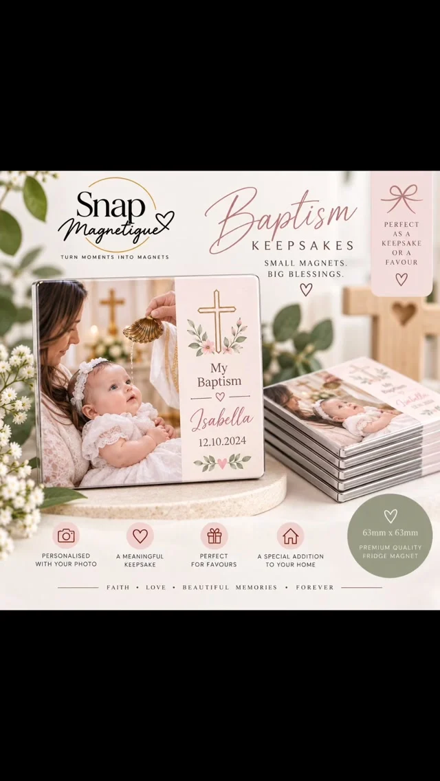 Two designs, one blessed day 🤍

Our Baptism Keepsake Magnets are now available in Pink Blossom & Sage Greenery. 
Each magnet is personalised with your baby’s photo, name & date.

You can choose one design and order any quantity you need for your guests. 
They are perfect as a keepsake for your home and as a thank you favour.

63mm x 63mm | Premium Quality Fridge Magnet

#photomagnets  #baptisms #keepsakes
