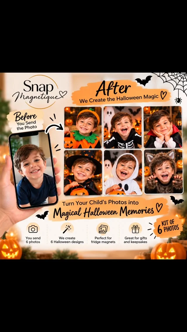 🎃✨ MAGICAL HALLOWEEN MEMORIES ✨🎃

What if your child could step into a little Halloween magic? 🧡👻

Simply send us your favourite photos, and we’ll transform them into 6 magical Halloween portraits — each one with a different spooky, fun and adorable theme! 🧙‍♀️🎃🧛‍♀️👻

✨ You send the photos
✨ We create the Halloween magic
✨ You receive 6 unique designs
✨ Perfect for personalised fridge magnets & keepsakes

Turn your favourite memories into something truly magical this Halloween. 🧡

📸 Kit of 6 Photos
🧲 Created with love by Snap Magnetique

#photomagnets #HalloweenMemories #HalloweenPhotos #Halloween2026
#custommagnets