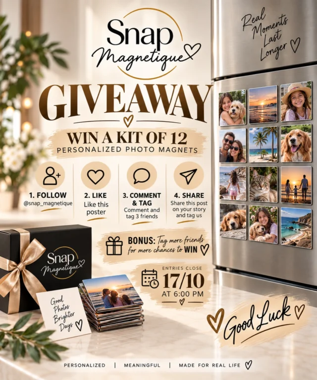 ✨ GIVEAWAY TIME! ✨

We’re giving one lucky winner the chance to create their very own kit of 12 personalised photo magnets with Snap Magnetique! 🤎📸

HOW TO ENTER:

🤎 Follow @snap_magnetique
🤎 Like this post
🤎 Comment & tag 3 friends
🤎 Share this post to your story & tag us

🎁 BONUS: Tag more friends in separate comments for more chances to WIN!

⏰ Entries close: 17 October at 6:00 PM

Good luck, everyone! 🤎✨
We can’t wait to see who gets to turn their favourite memories into magnets!

Please make sure your account is public so we can verify your entry. Giveaway terms and eligibility apply.

#SnapMagnetique #GiveawayAustralia 
#PhotoMagnets
#PersonalisedGifts #australiansmallbusiness